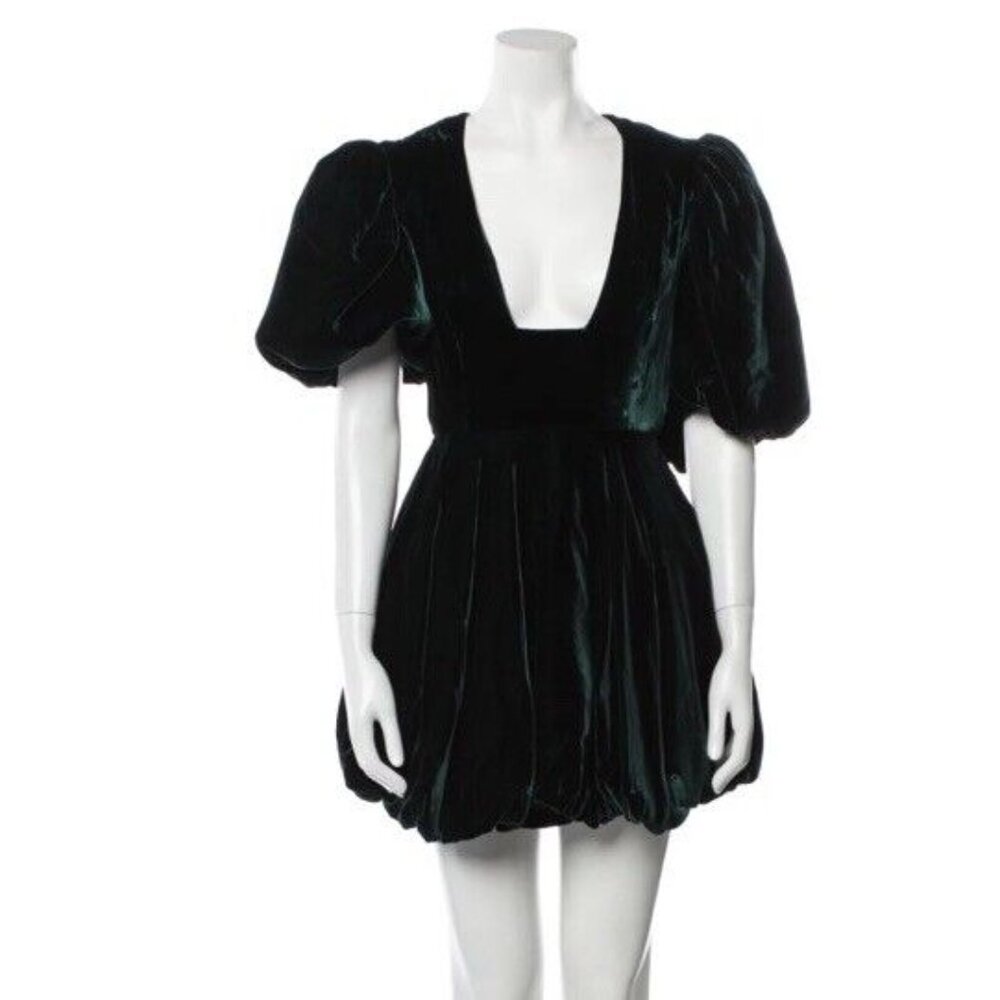 Women’s Green Velvet Bubble Hem Puff Sleeve Mini Dress Gown size S,M,L